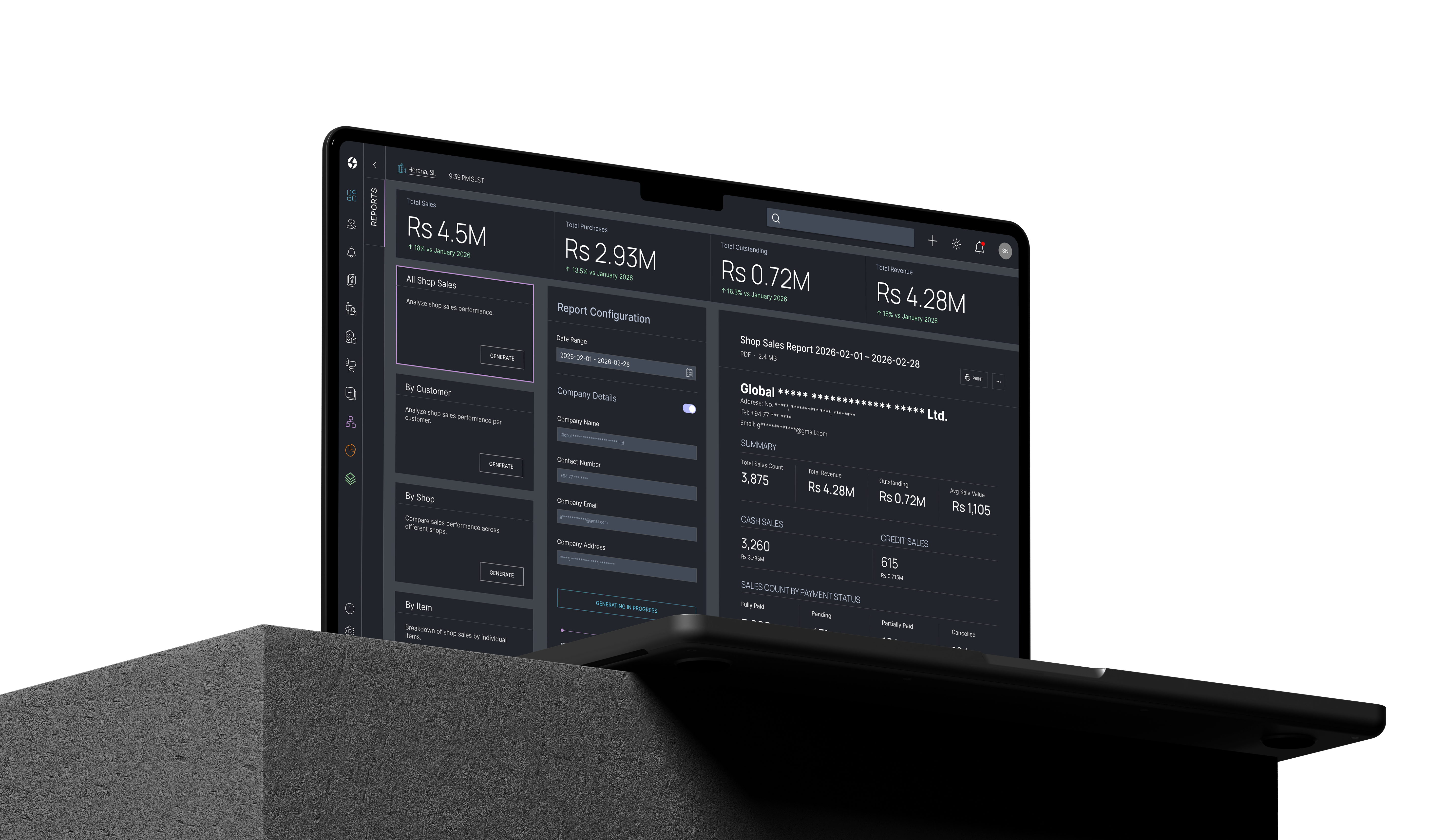 MacBook Pro on concrete pedestal showing reporting dashboard